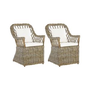 Lot de 2 fauteuils de jardin avec coussins rotin naturel