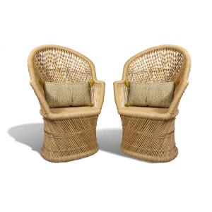 Lot de 2 fauteuils en bambou naturel avec deux coussins bei…