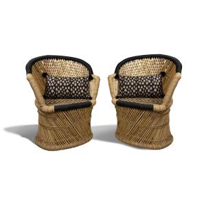 Lot de 2 fauteuils en bambou naturel et noir avec deux cous…