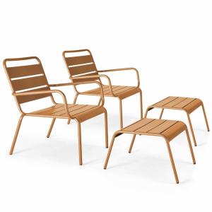 Lot de 2 fauteuils relax avec repose-pieds en métal Caramel
