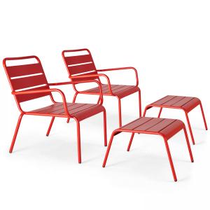 Lot de 2 fauteuils relax avec repose-pieds en métal rouge