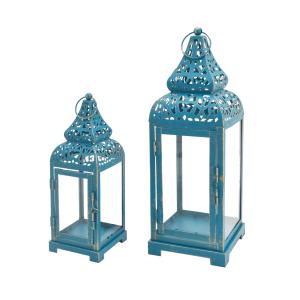 Lot de 2 lanternes sculpté en métal et pvc bleu clair et do…