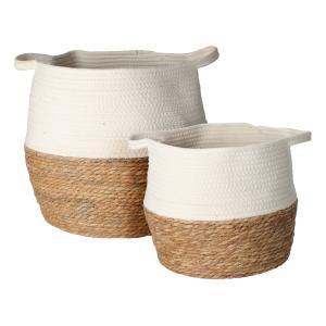 Lot de 2 paniers suspendus en paille et coton blanc et marr…