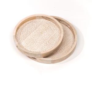 Lot de 2 plateaux arrondis motif devant bois  35x35 cm Beige