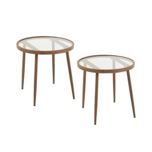 Lot de 2 table basse ronde en métal et verre d50 marron