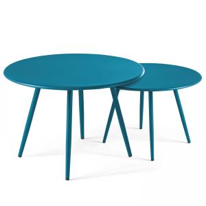 Lot de 2 tables basses ronde en acier bleu pacific