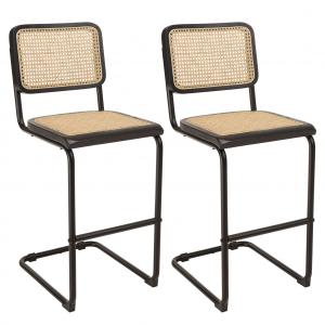 Lot de 2 tabourets d'ilot bois noir/rotin naturel pieds mét…