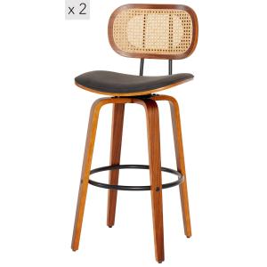 Lot de 2 tabourets de bar en bois massif et cannage noir