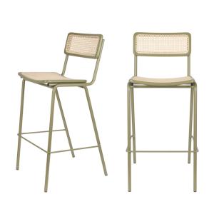 Lot de 2 tabourets de bar en cannage 77cm vert de gris