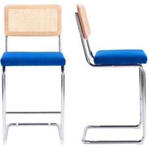 Lot de 2 tabourets de bar en cannage et velours côtelé bleu…