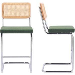 Lot de 2 tabourets de bar en cannage et velours côtelé vert…