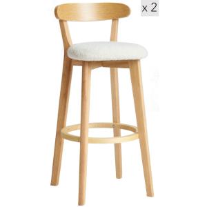 Lot de 2 tabourets de bar en Hévéa et bouclettes blanches