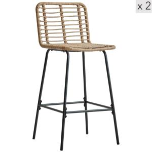 Lot de 2 tabourets de bar en métal et rotin