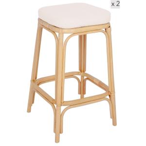 Lot de 2 tabourets de bar en rotin naturel et tissu beige