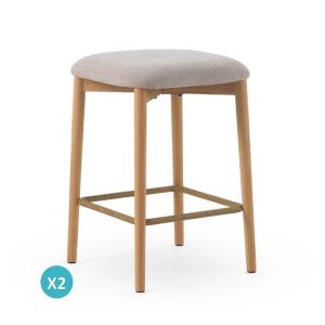 Lot de 2 tabourets en bois de chêne tapissés en beige