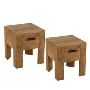 lot de 2 tabourets en bois massif carrés marron