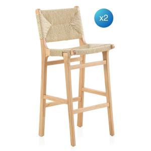 Lot de 2 tabourets en hévéa avec assise et dossier tressés…