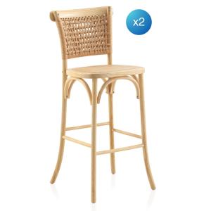 Lot de 2 tabourets en orme avec assise et dossier tressés