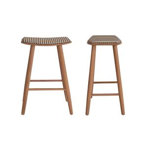 Lot de 2 tabourets en teck massif et assise à rayures 65 cm