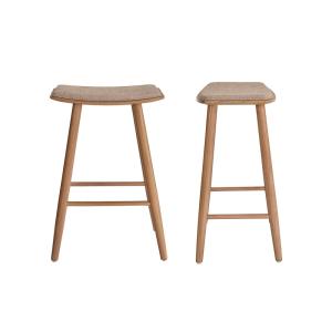 Lot de 2 tabourets en teck massif et velours grège 65 cm