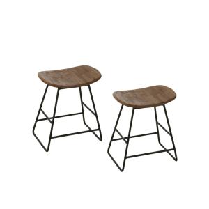 Lot de 2 tabourets en teck recyclé brossé et en métal marro…