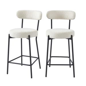 Lot de 2 tabourets en tissu bouclette blanc piètement noir