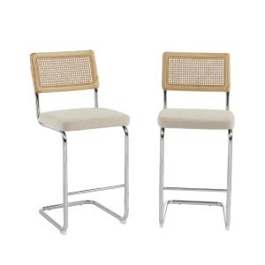 Lot de 2 tabourets mi-hauts  cannage velours côtelé beige