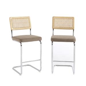Lot de 2 tabourets mi-hauts  cannage velours côtelé grège