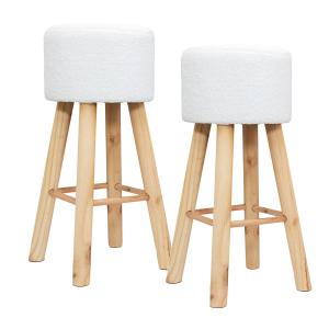 Lot  de 2 tabourets tissu blanc bouclettes pieds bois