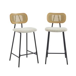 Lot de 2 tabourets  tissu bouclette crème et cannage rotin