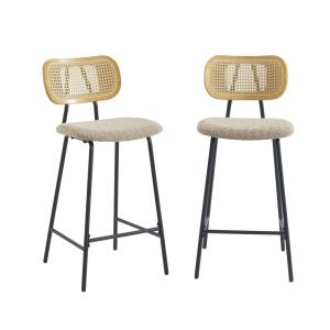 Lot de 2 tabourets  tissu bouclette taupe et cannage rotin