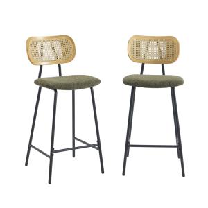 Lot de 2 tabourets  tissu bouclette vert et cannage rotin
