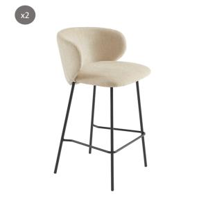 Lot de 2 tabourets tissu chenille beige et pieds métal noir