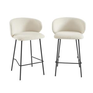 Lot de 2 tabourets tissu chenille écru et pieds métal noir