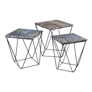 Lot  de 3 tables basses acier et effet marbre bleu