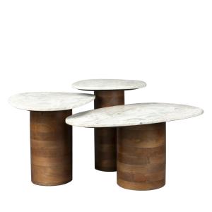 Lot de 3 tables basses gigognes marbre et bois - Bois foncé…