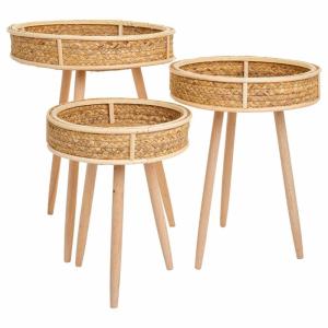 Lot de 3 tables d'appoint en bambou et bois marron