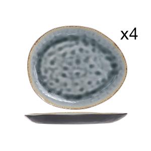 Lot de 4 Assiettes plates ovales en Grès, bleu, 27X23 cm