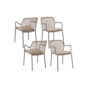 Lot de 4 chaises de jardin à accoudoirs et coussin taupe