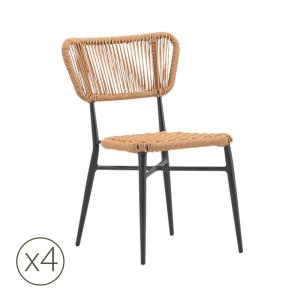 Lot de 4 chaises de jardin en aluminium noir et corde brun