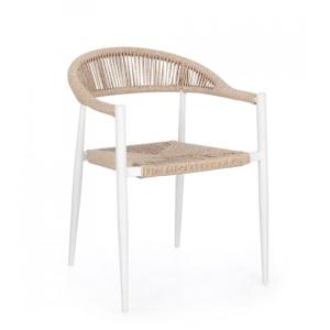 Lot de 4 chaises en aluminium blanc et fibre tissée beige