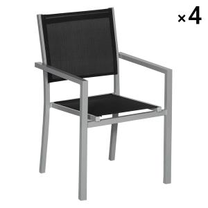Lot de 4 chaises en aluminium gris et textilène noir