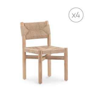 Lot de 4 chaises en bois de teck et rotin beige