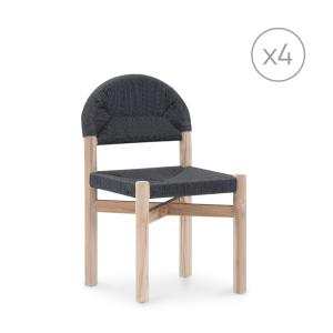 Lot de 4 chaises en bois de teck et rotin noir