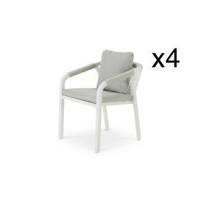 Lot de 4 fauteuils alu blanc et corde avec coussin beige