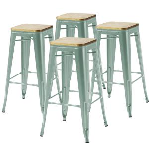 Lot de 4 tabourets de bar en métal mat vert gris et bois