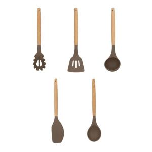 Lot de 5 ustensiles en silicone et manche en bois