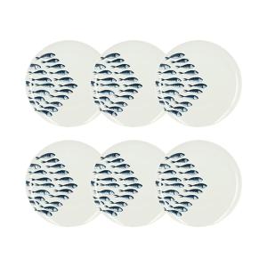 Lot de 6 assiettes plates motif marin en porcelaine 26,5cm