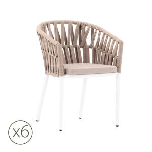 Lot de 6 chaises de jardin en aluminium blanc et corde beige