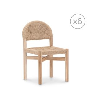 Lot de 6 chaises en bois de teck et rotin beige